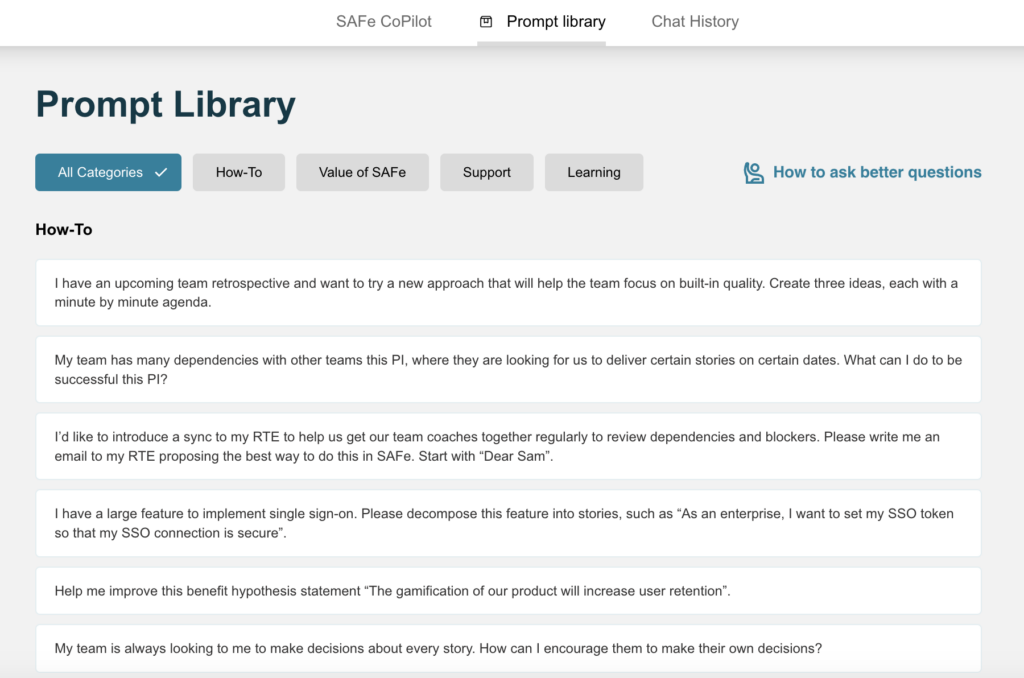 A screenshot of the prompt library in SAFe CoPilot